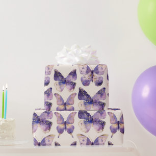 Paarse gouden vlinders verjaardag cadeaupapier