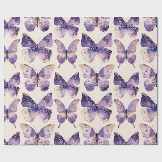 Paarse gouden vlinders verjaardag cadeaupapier (Vlak)