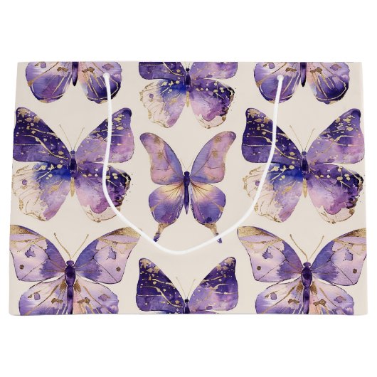 Paarse gouden vlinders verjaardag groot cadeauzakje (Voorkant)