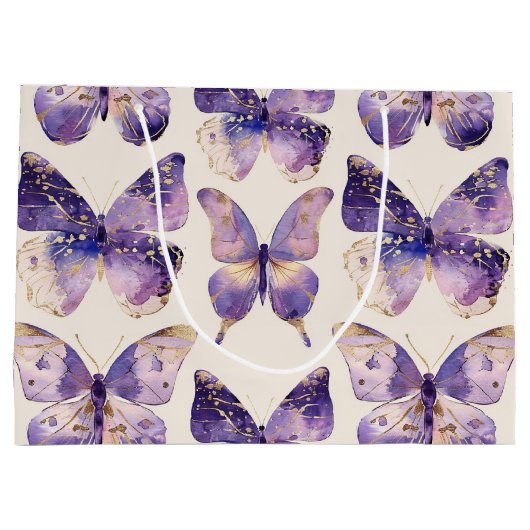 Paarse gouden vlinders verjaardag groot cadeauzakje (Achterkant)