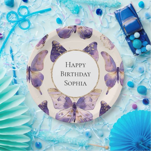 Paarse gouden vlinders verjaardag papieren bordje (Feest)