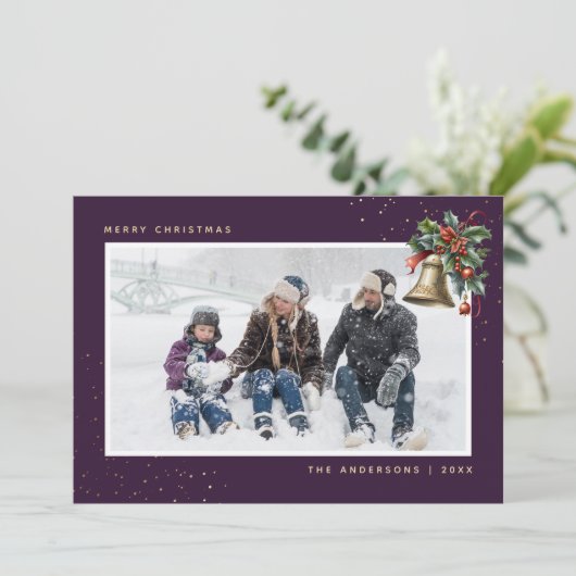 Paarse gouden Waterverf Holly Bell Foto Feestdagenkaart (Staand voorkant)