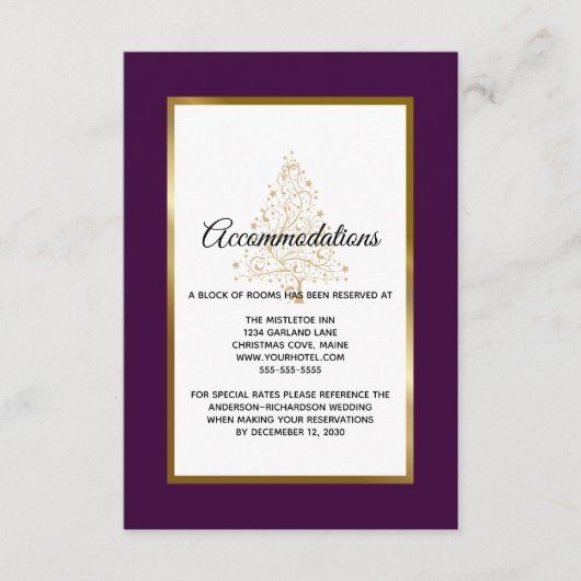 Paarse gouden winter bruiloft accommodaties informatiekaartje (Voorkant)