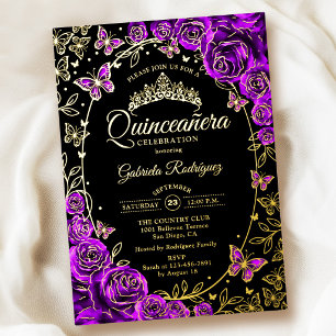 Paarse Gouden Zwarte Rozen Quinceanera Folie Uitnodiging