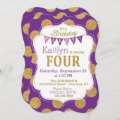 Paarse goudglitter Sparkle Fourth Birthday Invite Kaart (Voorkant / Achterkant)