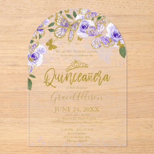 Paarse goudvlinder acryl uitnodigingen (Voorkant)