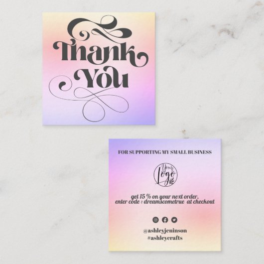 Paarse gradiënt cool retro script orde dank u vierkante visitekaartje (Voorkant / Achterkant)