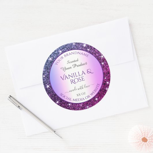 Paarse Gradient Glitter Product Verpakkingsetikett Ronde Sticker (Envelop)