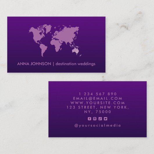 Paarse gradiënt Wereldkaart reisagent bruiloft Visitekaartje (Voorkant / Achterkant)