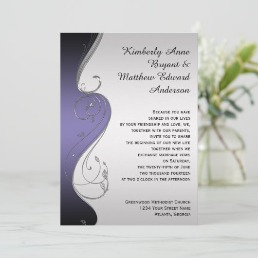 Paarse Gradiënt Zilver  Swirls Bruiloft Kaart (Staand voorkant)