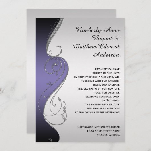 Paarse Gradiënt Zilver  Swirls Bruiloft Kaart (Voorkant / Achterkant)