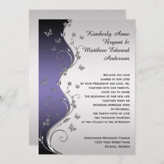 Paarse Gradiënt Zilver  Vlinders Bruiloft Kaart (Voorkant / Achterkant)