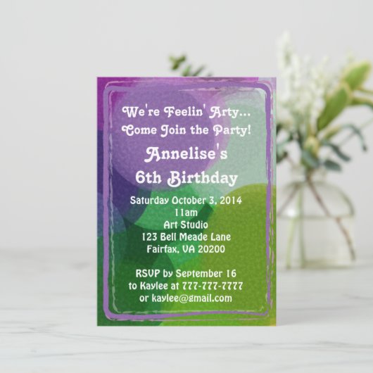 Paarse Green Art Party Verf Stippen Uitnodiging (Staand voorkant)