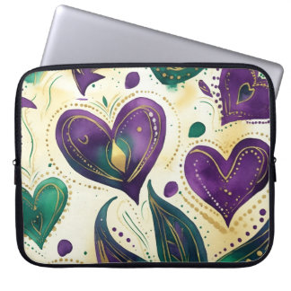 PAARSE GREEN GOLD MARDI GRAS HOARTS LAPTOP SLEEVE