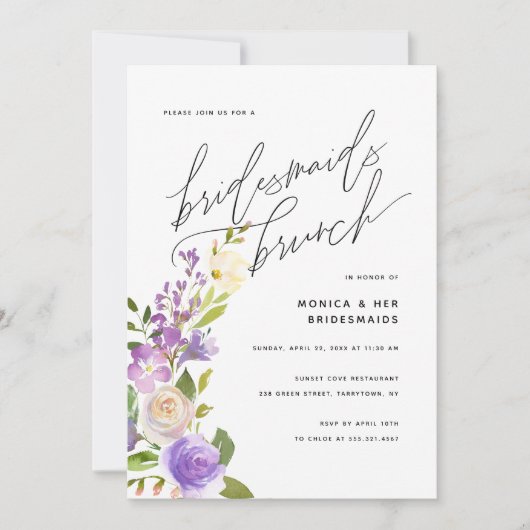 Paarse Greenery Floral Bridesmaids Brunch Kaart (Voorkant)