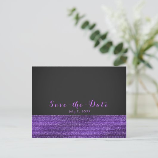 Paarse Grey Modern Glam Sequins Bewaar de Datum Aankondigingskaart (Staand voorkant)