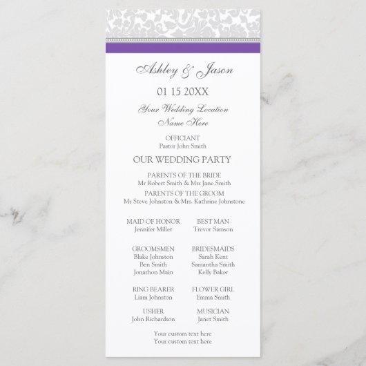 Paarse Grijs Damask Wedding Program Programma (Achterkant)