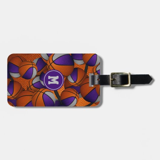paarse grijze basketballen patroon team kleuren bagagelabel (Voorkant horizontaal)