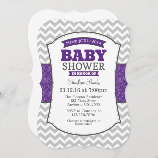 Paarse Grijze Chevron Babyshower Uitnodiging (Voorkant / Achterkant)