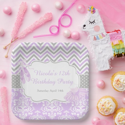 Paarse & Grijze Chevron Ballerina Verjaardag Papieren Bordje (Feest)