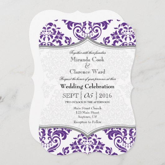 Paarse grijze damast beugel bruiloft uitnodigen kaart (Voorkant / Achterkant)