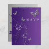 Paarse, grijze Floral met Butterflies RSVP-kaart 2 RSVP Kaartje (Voorkant / Achterkant)