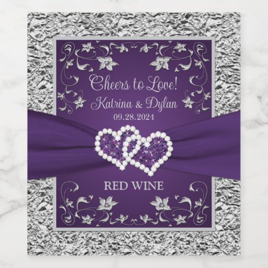 Paarse, grijze liefdesharten bruiloft dranklabel wijn etiket (Enkel label)
