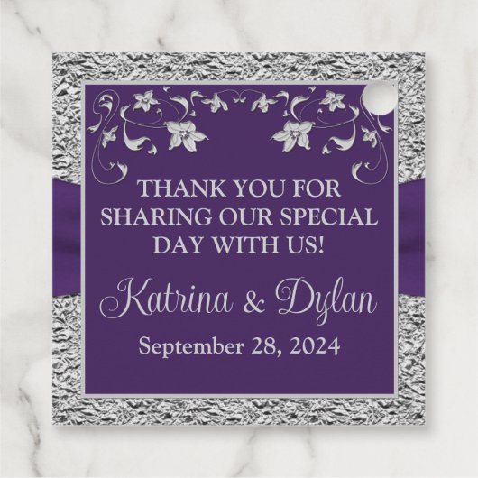 Paarse, grijze liefdesharten bruiloft gunst Label (Achterkant)