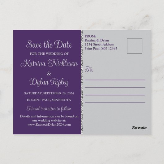 Paarse, Grijze Liefdesharten Bruiloft Save the Dat Briefkaart (Achterkant)