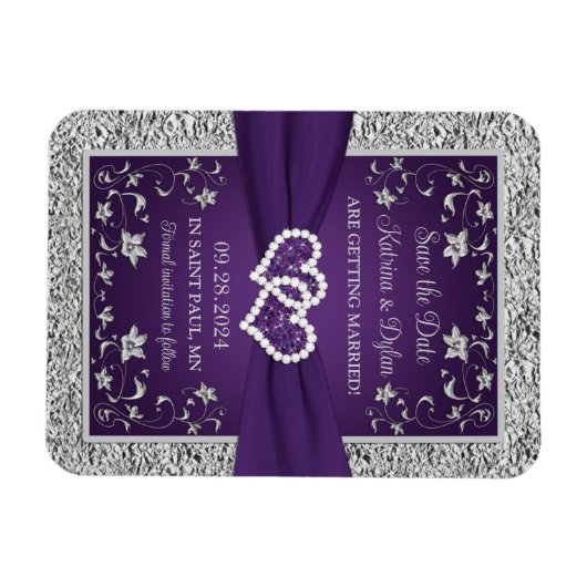 Paarse, Grijze Liefdesharten Bruiloft Save the Dat Magneet (Horizontaal)