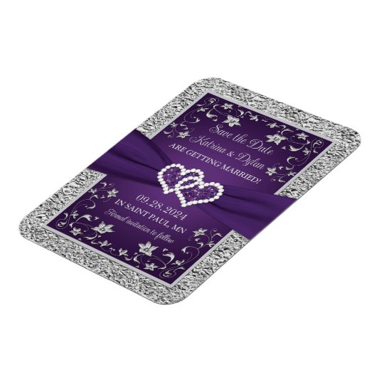 Paarse, Grijze Liefdesharten Bruiloft Save the Dat Magneet (Linkerzijde)