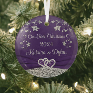 Paarse, grijze liefdeshartjes trouw eerste kerstmi glas ornament