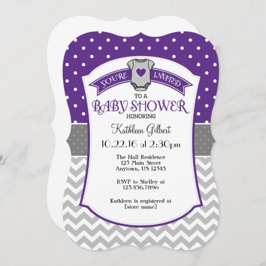 Paarse grijze Polka Dot Chevron Baby shower Invite Kaart (Voorkant / Achterkant)