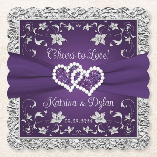 Paarse, Grijze Proost op Liefde! Kartonnen Onderzetters (Voorkant)