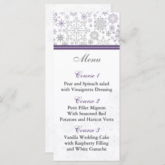 paarse grijze sneeuwvlok winter bruiloft menu kaar (Voorkant / Achterkant)