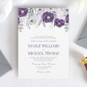 Paarse Grijze Waterverf Bloemen Bruiloft Uitnodigi Kaart