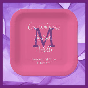 Paarse Grijze Witte Monogrammed Graduation Party Papieren Bordje