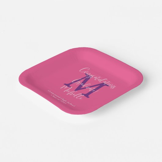 Paarse Grijze Witte Monogrammed Graduation Party Papieren Bordje (Gebogen)