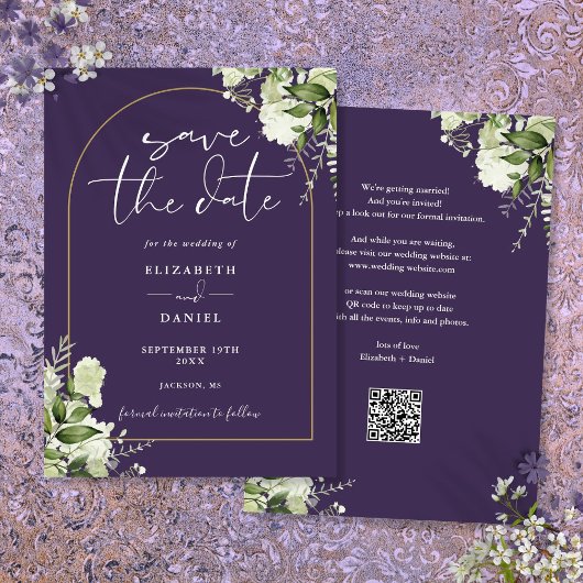 Paarse Groen Bloemen Gouden Boog QR Code Huwelijk Save The Date