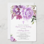 Paarse groen bloemendoop 1e eerste verjaardag kaart (Voorkant)