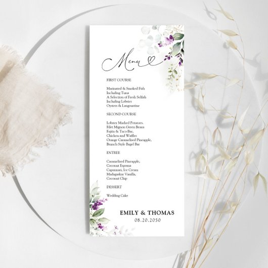 Paarse groen lavendel bruiloft menu