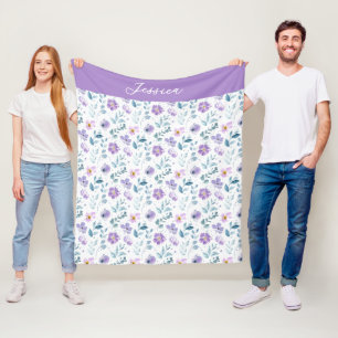 Paarse Groene Aquarel Wilde Bloem Monogram Naam Fleece Deken