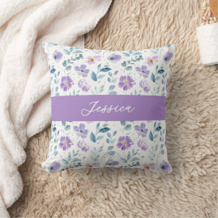 Paarse Groene Aquarel Wilde Bloem Monogram Naam Kussen
