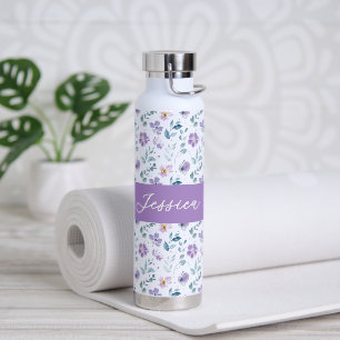 Paarse Groene Aquarel Wilde Bloem Monogram Naam Waterfles