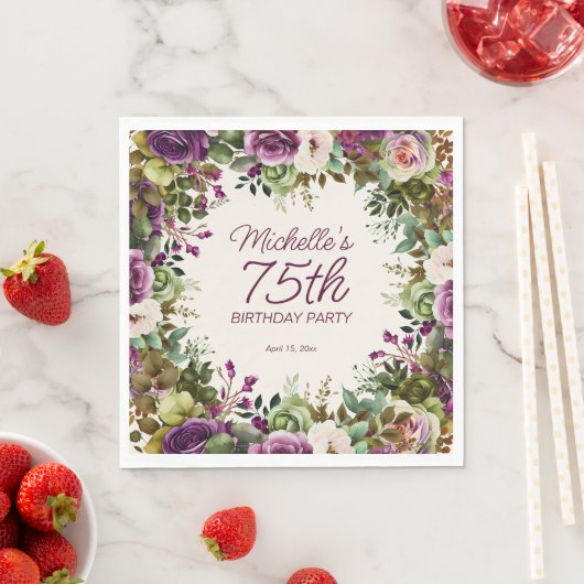 Paarse groene bladeren 75e verjaardag servet (Insitu)