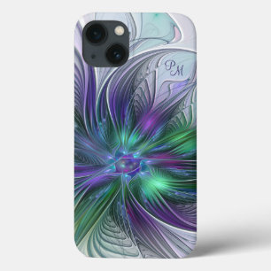 Paarse Groene Bloem Abstracte Kunst Fractale Monog iPhone 13 Hoesje