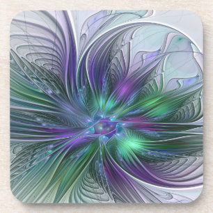 Paarse Groene Bloem Modern Abstracte Kunst Fractal Bier Onderzetter