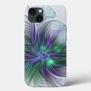 Paarse Groene Bloem Modern Abstracte Kunst Fractal iPhone 13 Hoesje