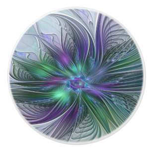Paarse Groene Bloem Modern Abstracte Kunst Fractal Keramische Knop