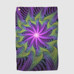 Paarse Groene Bloem Moderne Abstracte Fractale Kun Golfhanddoek
